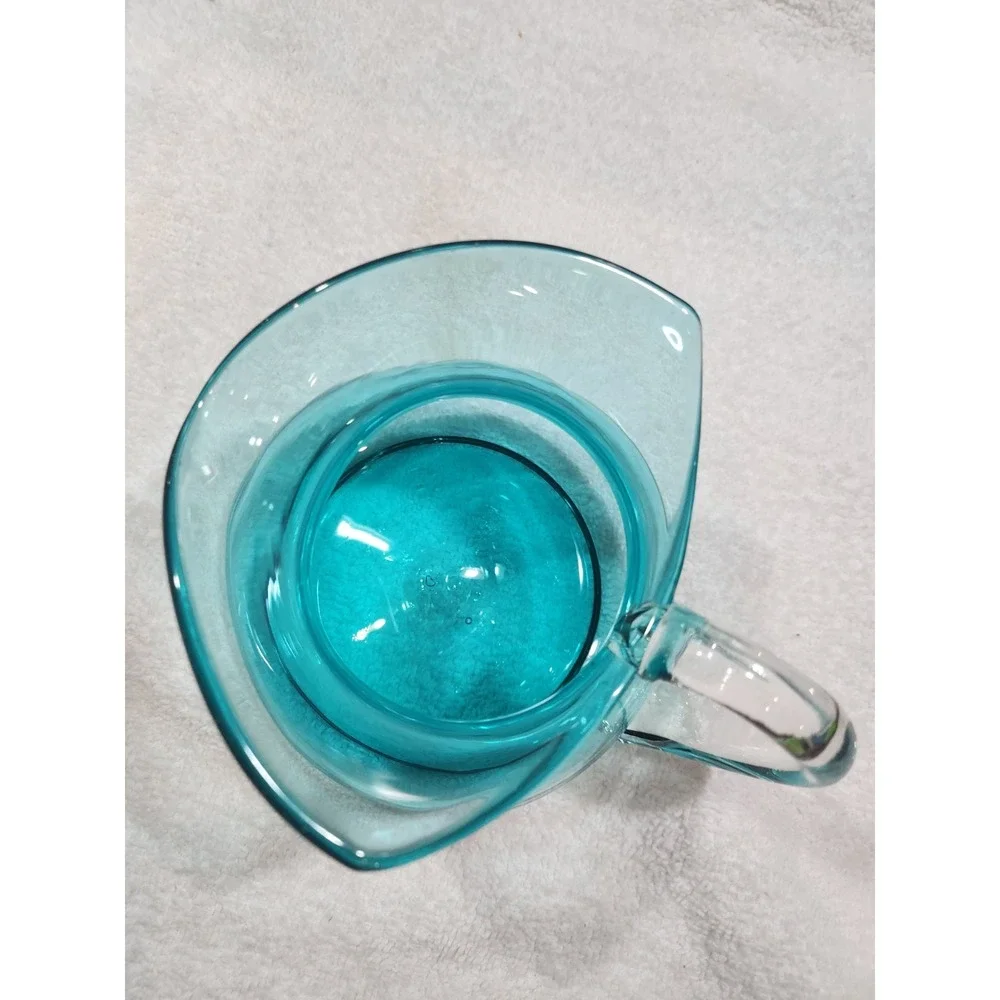 Vintage~MCM~Blue~Pitcher-Squatty~Flat Bottom~Clear Handle~ Squared Top~Beautiful